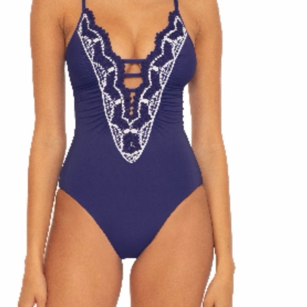 BECCA Royal Blue Swimsuit with White Crochet Accents